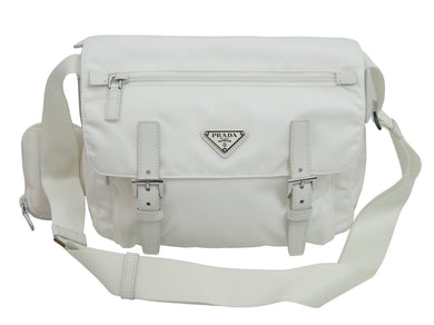 極美品 PRADA プラダ ショルダーバッグ リナイロン 1BD953 ナイロン レザー ホワイト シルバー金具 中古 52639 