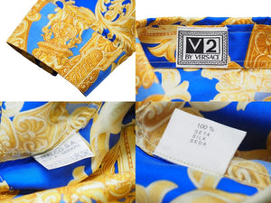 未使用品 VERSACE ヴェルサーチ 長袖シャツ ブラウス V2 バロック柄 メデューサ シルク ブルー ゴールド 38 L 中古 52660 