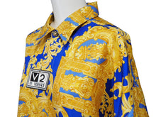 画像をギャラリービューアに読み込む, 未使用品 VERSACE ヴェルサーチ 長袖シャツ ブラウス V2 バロック柄 メデューサ シルク ブルー ゴールド 38 L 中古 52660 