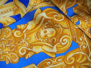 未使用品 VERSACE ヴェルサーチ 長袖シャツ ブラウス V2 バロック柄 メデューサ シルク ブルー ゴールド 38 L 中古 52660 