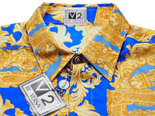 画像をギャラリービューアに読み込む, 未使用品 VERSACE ヴェルサーチ 長袖シャツ ブラウス V2 バロック柄 メデューサ シルク ブルー ゴールド 38 L 中古 52660 