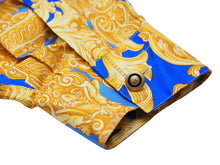 画像をギャラリービューアに読み込む, 未使用品 VERSACE ヴェルサーチ 長袖シャツ ブラウス V2 バロック柄 メデューサ シルク ブルー ゴールド 38 L 中古 52660 