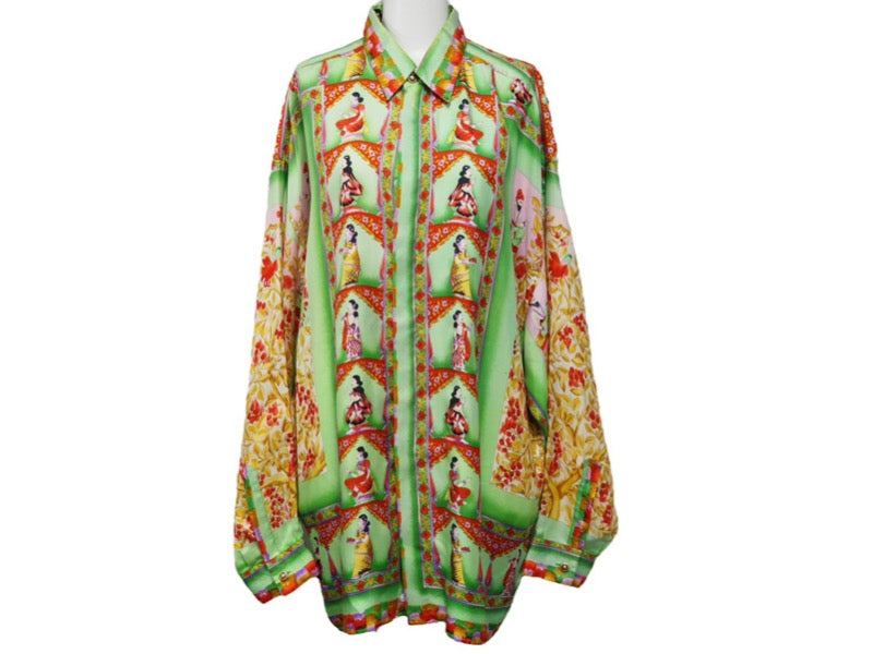 VERSACE ヴェルサーチ V2 by versace 長袖シャツ シルクシャツ 総柄 グリーン シルク サイズL 美品 中古 52662 