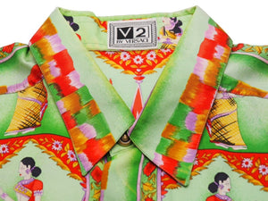 VERSACE ヴェルサーチ V2 by versace 長袖シャツ シルクシャツ 総柄 グリーン シルク サイズL 美品 中古 52662 