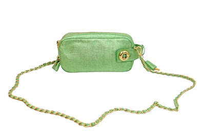極美品 PRADA プラダショルダーバッグ 斜め掛けバッグ カデナ トライアングルロゴ ラメ グリーン ゴールド金具 中古 52731 