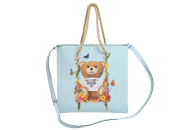 MOSCHINO モスキーノ クマ ロゴ プリント トートバッグ 2A 7578 ブルー 水色 青 鞄 カバン 蝶 花 美品 中古 52752