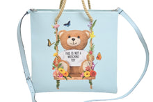 Load image into Gallery viewer, MOSCHINO モスキーノ クマ ロゴ プリント トートバッグ 2A 7578 ブルー 水色 青 鞄 カバン 蝶 花 美品 中古 52752