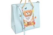 Load image into Gallery viewer, MOSCHINO モスキーノ クマ ロゴ プリント トートバッグ 2A 7578 ブルー 水色 青 鞄 カバン 蝶 花 美品 中古 52752