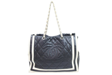 CHANEL シャネル ココマーク チェーントートバッグ 13番台 ラムスキン ブラック ホワイト シルバー金具 中古 52760