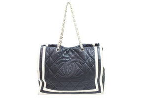 CHANEL シャネル ココマーク チェーントートバッグ 13番台 ラムスキン ブラック ホワイト シルバー金具 中古 52760