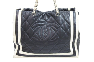 CHANEL シャネル ココマーク チェーントートバッグ 13番台 ラムスキン ブラック ホワイト シルバー金具 中古 52760