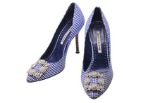 Load image into Gallery viewer, MANOLO BLAHNIK マノロブラニク ハンギシ 36 1/2 ラインストーン ビジュー ギンガムチェック ブルー パンプス ヒール 中古 52829
