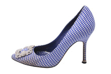 Load image into Gallery viewer, MANOLO BLAHNIK マノロブラニク ハンギシ 36 1/2 ラインストーン ビジュー ギンガムチェック ブルー パンプス ヒール 中古 52829