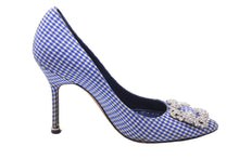 Load image into Gallery viewer, MANOLO BLAHNIK マノロブラニク ハンギシ 36 1/2 ラインストーン ビジュー ギンガムチェック ブルー パンプス ヒール 中古 52829