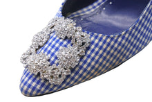 Load image into Gallery viewer, MANOLO BLAHNIK マノロブラニク ハンギシ 36 1/2 ラインストーン ビジュー ギンガムチェック ブルー パンプス ヒール 中古 52829
