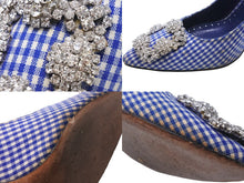 Load image into Gallery viewer, MANOLO BLAHNIK マノロブラニク ハンギシ 36 1/2 ラインストーン ビジュー ギンガムチェック ブルー パンプス ヒール 中古 52829