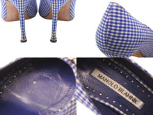 Load image into Gallery viewer, MANOLO BLAHNIK マノロブラニク ハンギシ 36 1/2 ラインストーン ビジュー ギンガムチェック ブルー パンプス ヒール 中古 52829