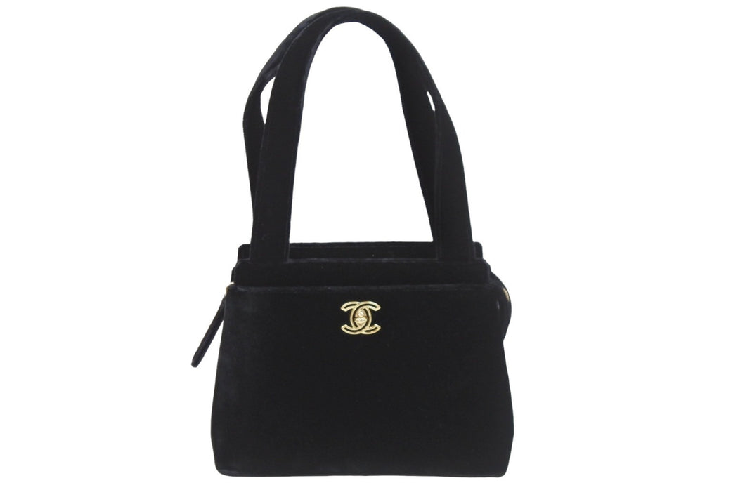 CHANEL シャネル ハンドバッグ ミニバック 5番台 ココマーク ベロア レザー ブラック ゴールド金具 美品 中古 52902