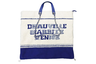 極美品 CHANEL シャネル トートバッグ ラージショッピングバッグ 26番台 AS0452 コットン ラム ホワイト ブルー 中古 53023