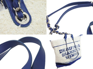 極美品 CHANEL シャネル トートバッグ ラージショッピングバッグ 26番台 AS0452 コットン ラム ホワイト ブルー 中古 53023