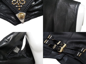 GIANNI VERSACE ジャンニヴェルサーチ ベスト セットアップ メデューサボタン レザー レーヨン ブラック サイズ42 美品 中古 53031