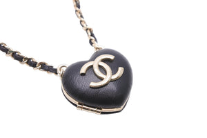 極美品 CHANEL シャネル ココマーク ハート チェーン ネックレス ロケット ペンダント B22K 48g ブラック ロゴ 中古 53096