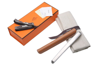 新品未使用 HERMES エルメス ノーチラス ボールペン 万年筆 ペンケース 一本差し 文房具 メタル レザー ブラウン シルバー 53164