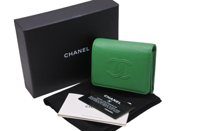 CHANEL シャネル 三つ折り財布 ウォレット 30番台 ココマーク グリーン グレインドカーフスキン シルバー金具 美品 中古 53180