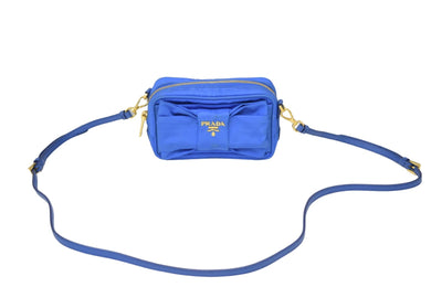 PRADA プラダ リボン ミニショルダーバッグ ミニポーチ イタリア製 ナイロン ブルー ゴールド金具 良品 中古 53207 