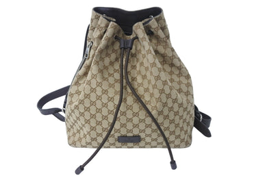 極美品 GUCCI グッチ 巾着型リュック GGスプリーム GG柄 449175 527066 ベージュ ブラウン シルバー金具 中古 53220 