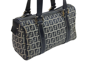 FENDI フェンディ ミニボストンバッグ ハンドバッグ ズッキーノ柄 レザー ネイビー グレー シルバー金具 美品 中古 53225 