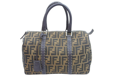 FENDI フェンディ ズッカ柄 ボストンバッグ コットンキャンバス レザー ブラウン系 美品 中古 53243