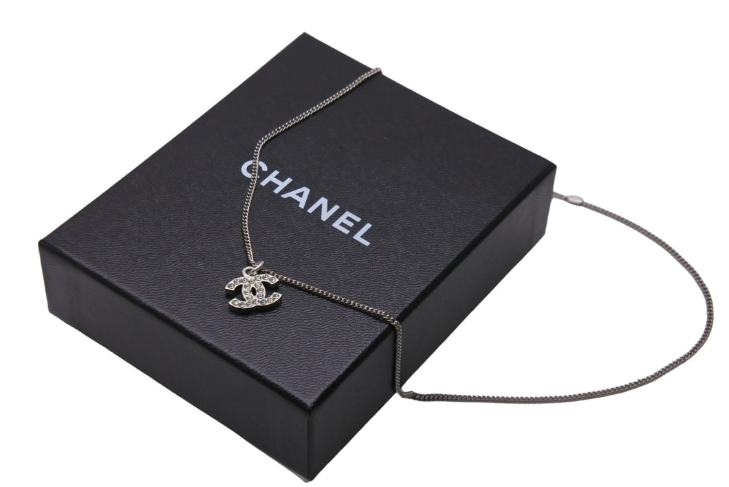 CHANEL シャネル ココマーク ラインストーン ネックレス アクセサリー 小物 07V メタル シルバー 5.2g 美品 中古 53278