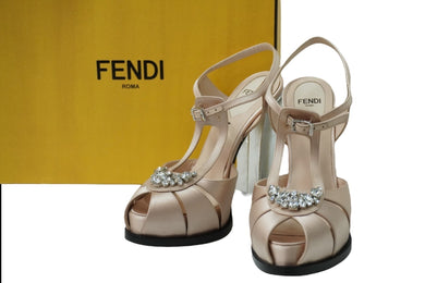 FENDI フェンディ オープントゥビジュー サンダル イタリア製 サテン ピンク ベージュ シルバー サイズ37 美品 中古 53325 