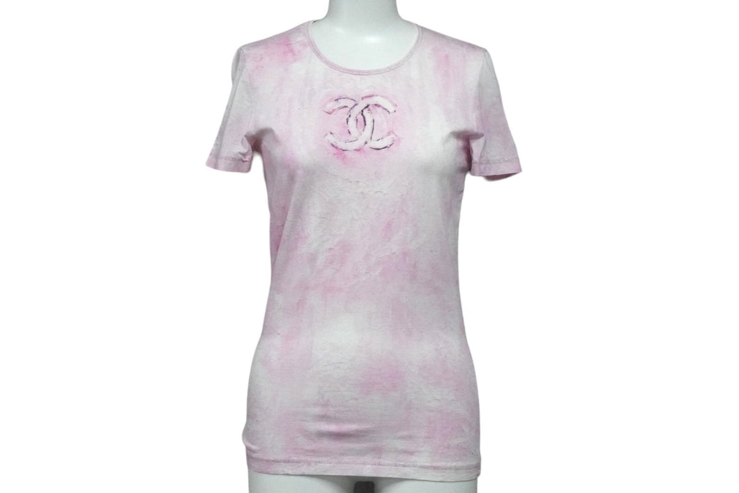 CHANEL シャネル 半袖 Tシャツ ココマーク タイダイ柄 P34611K02001 フランス製 コットン エラスタン ピンク 34 美品 中古 53333