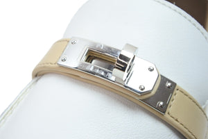 極美品 HERMES エルメス 靴 シューズ ローファー ケリー金具 デスタン ホワイト ベージュ レザー 35 1/2 シルバー金具 中古 53342