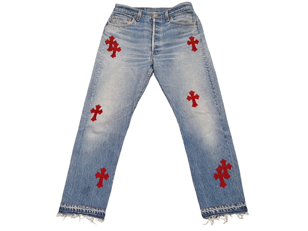CHROME HEARTS クロムハーツ クロスパッチデニムパンツ ハラコ レッド ブルー シルバー金具 サイズ32 美品 中古 53348