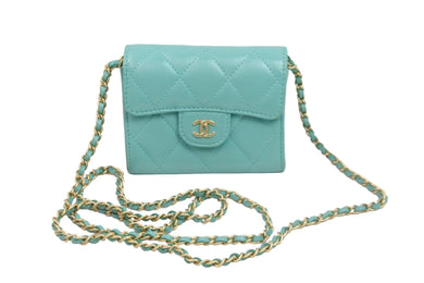 CHANEL シャネル 財布 チェーンウォレット マトラッセ 27番台 ココマーク グリーン レザー ゴールド金具 美品 中古 53362