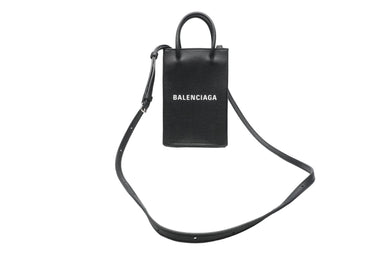 新品同様 BALENCIAGA バレンシアガ ショルダーバッグ ロゴ フォンホルダー トートバッグ ブラック レザー 593826 中古 53382