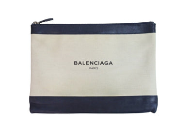 BALENCIAGA バレンシアガ クラッチバッグ ハンドバッグ 420407 4081 C 538735 キャンバスレザー ネイビー ベージュ 中古 53400