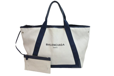 BALENCIAGA バレンシアガ トートバッグ カバストート キャンバス レザー 339936 4081 ベージュ ネイビー 良好 中古 53405