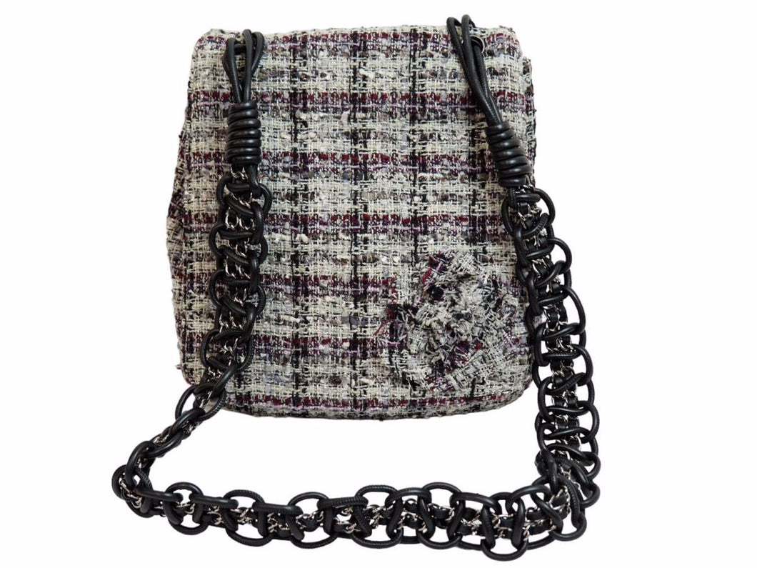 CHANEL シャネル ショルダーバッグ チェーンショルダー 10番台 2005年 ツイード グレー カメリア 美品 中古 53547