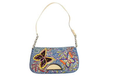 ChristianDior クリスチャンディオール ワンショルダーバッグ 蝶々 デニム レザー ラインストーン ブルー 美品 中古 53582