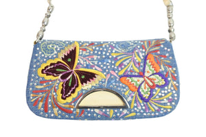 ChristianDior クリスチャンディオール ワンショルダーバッグ 蝶々 デニム レザー ラインストーン ブルー 美品 中古 53582