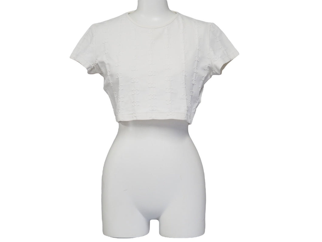激レア CHANEL シャネル 半袖Ｔシャツ チビT クロップド ココマーク 総柄 ホワイト P07794V05398 97P サイズ40 美品 中古 53597