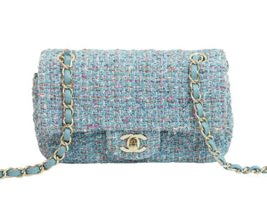 新品同様 CHANEL シャネル ツイード チェーン ショルダーバッグ 31番台 ライトブルー ココマーク ゴールド金具 ロゴ 中古 53621