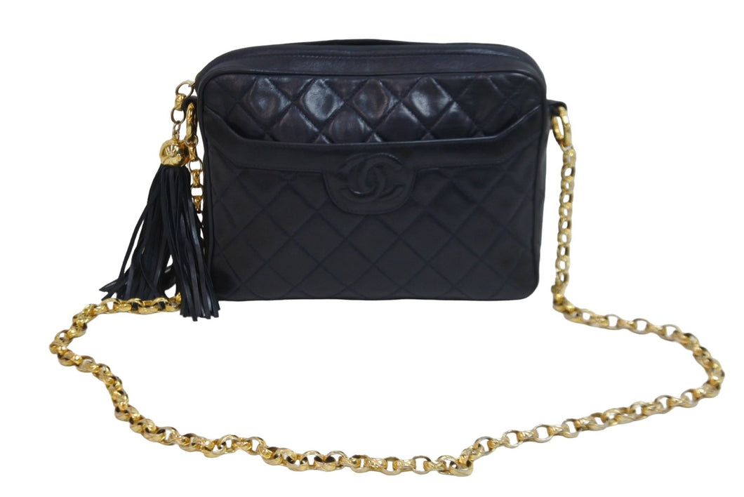 CHANEL シャネル ココマーク チェーンショルダーバッグ 斜めがけバッグ 5番台 ラムスキン ネイビー ゴールド金具 美品 中古 53792