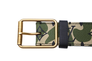 極美品 LOUIS VUITTON ルイ・ヴィトン ベルト・バックル 村上隆 サイズ90 グリーン カモ柄 M9646U ゴールド金具 中古 53945