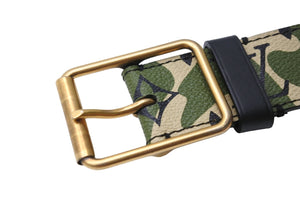 極美品 LOUIS VUITTON ルイ・ヴィトン ベルト・バックル 村上隆 サイズ90 グリーン カモ柄 M9646U ゴールド金具 中古 53945
