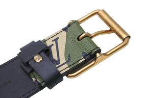 極美品 LOUIS VUITTON ルイ・ヴィトン ベルト・バックル 村上隆 サイズ90 グリーン カモ柄 M9646U ゴールド金具 中古 53945